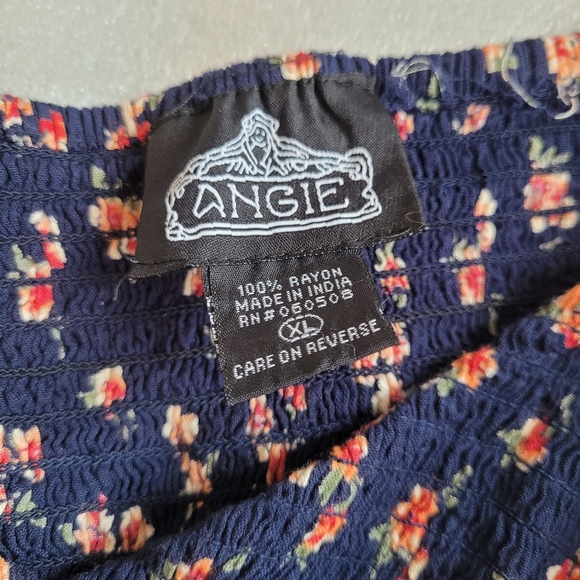 Boho Bell Sleeves Smocked Floral Print Top Ruffle Cottagecore Navy Blue XL - Picture 5 of 13